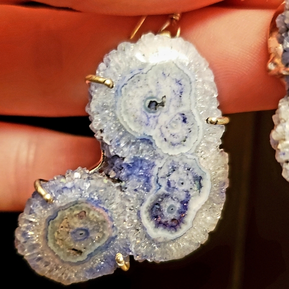 New Oversized Blue Solar Quartz Agate Silver Earrings. - Picture 5 of 14